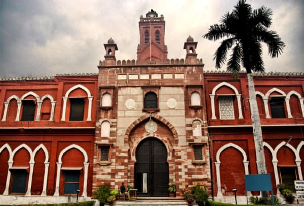 Grand red sandstone gateway at Aligarh Muslim University