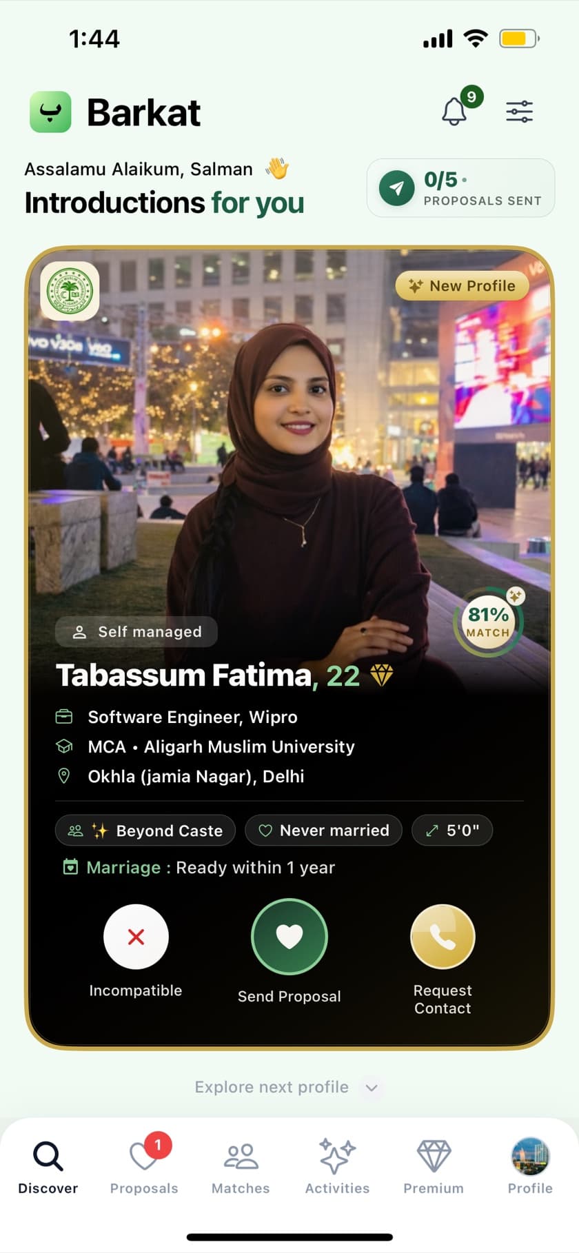 Barkat Discover screen with Send Proposal on an introduction profile