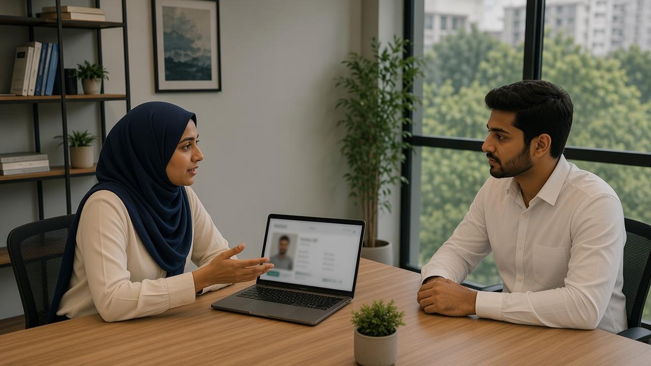 A Barkat specialist guiding a member through profiles in a quiet office