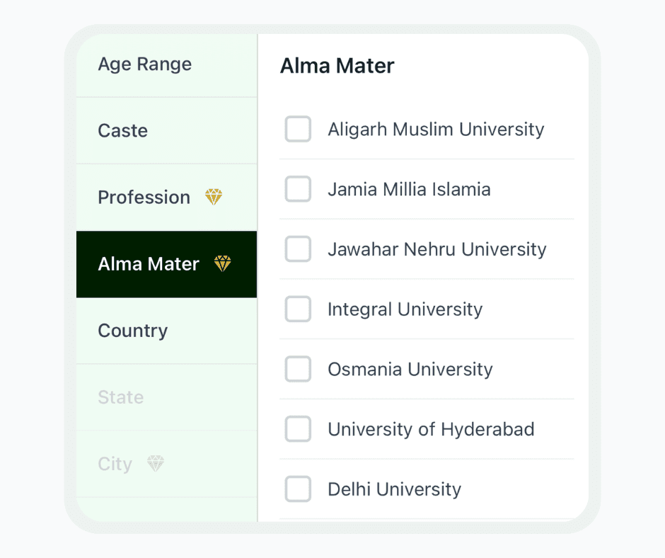 Barkat Alma Mater filter with university checklist
