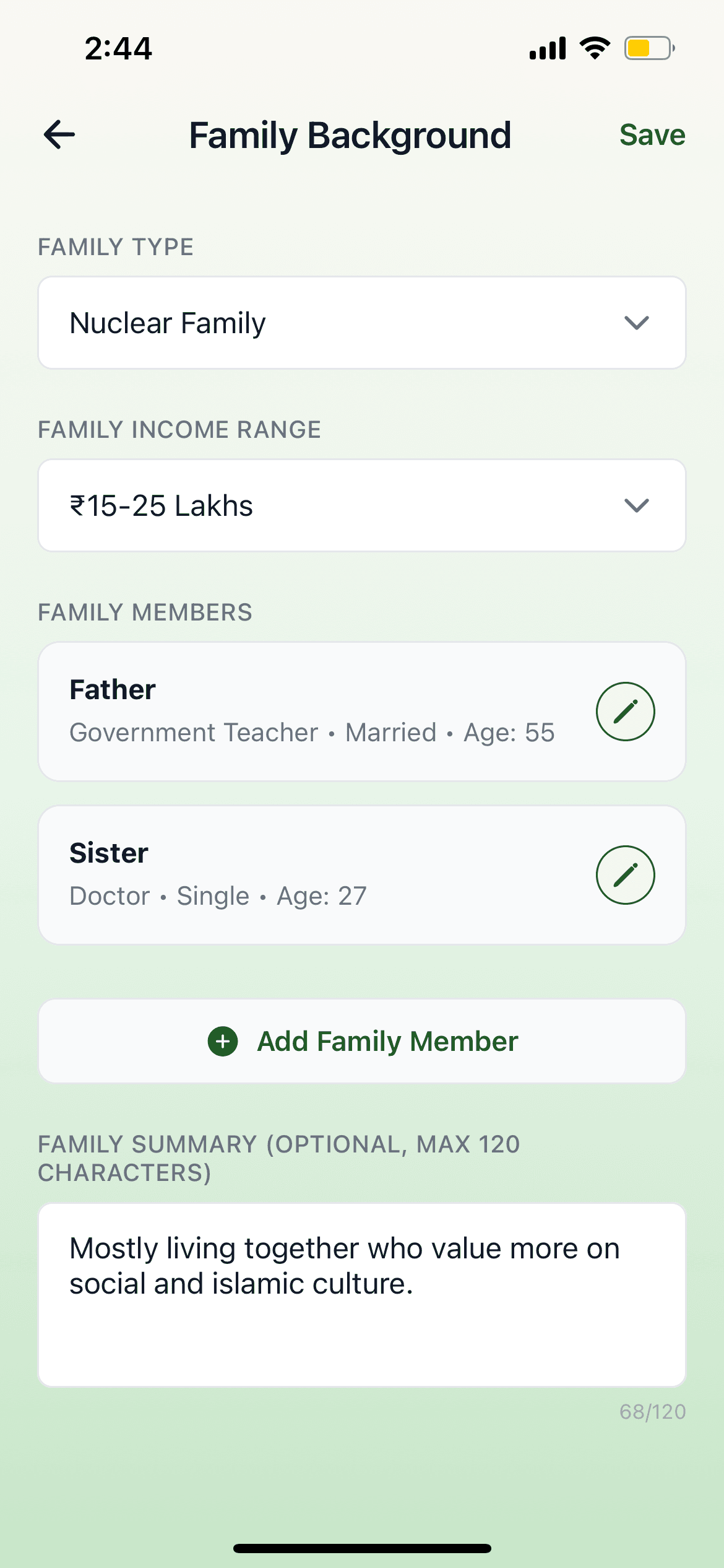 Barkat Family Background screen with family members and summary